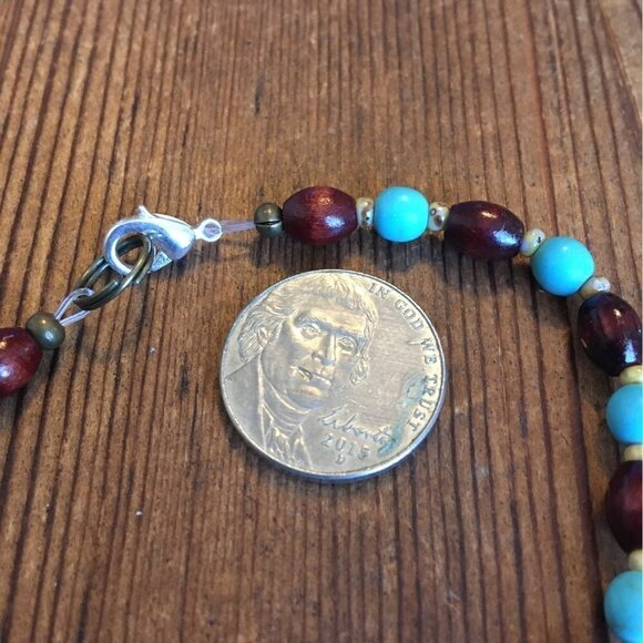 Men's 8 inches Wood and Turquoise Beaded Bracelet, Handmade Men's Bracelet - Picture 4 of 6